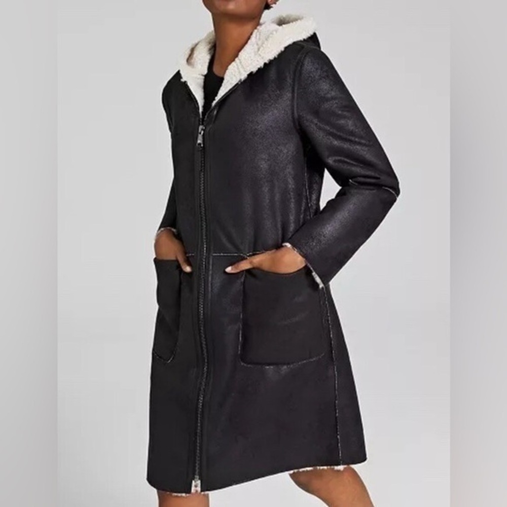DKNY Black Hooded Faux-Shearling Coat